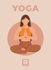 Brunette woman sitting in lotus pose with the sun in the background. Yoga poster. Vector illustration.