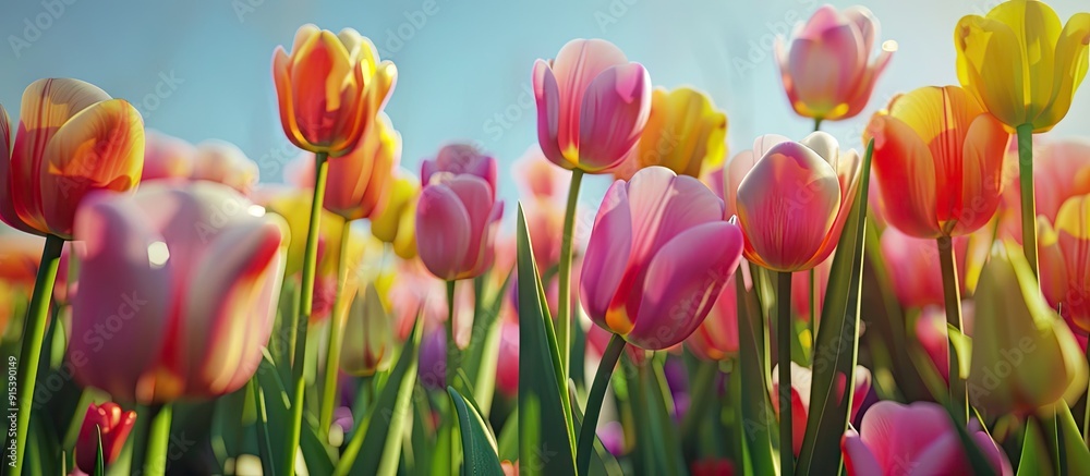 Poster Tulips set against a background of a cloudy sky. with copy space image. Place for adding text or design