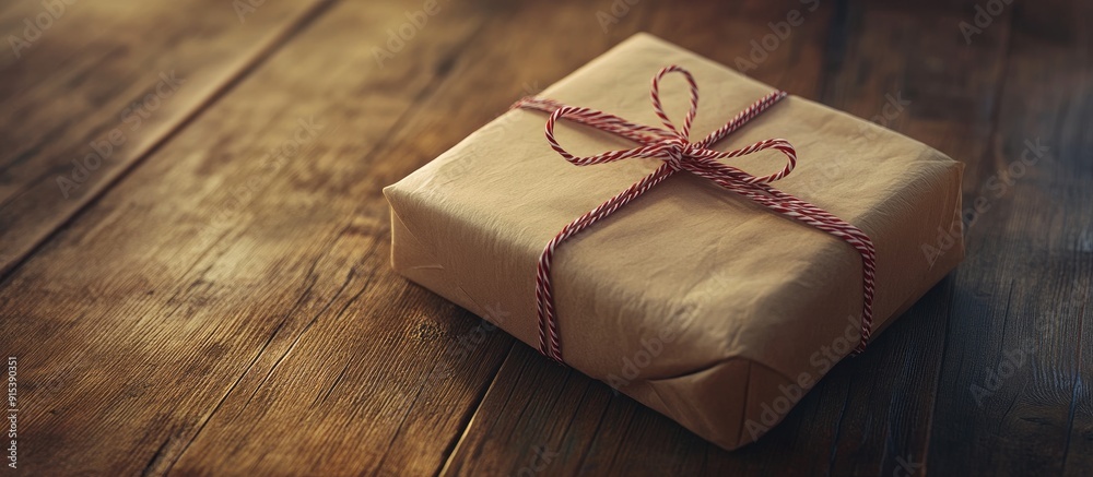 Poster Wrapped package box on a wooden surface. with copy space image. Place for adding text or design