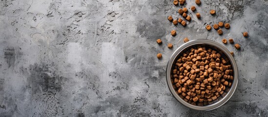 Dry dog pet food on a gray concrete background from a top view Background concept for pet feeding and care with copyspace Photo captured from above