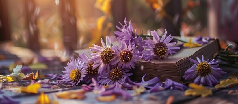 A collection of autumn asters on an open book with a vintage effect. with copy space image. Place for adding text or design