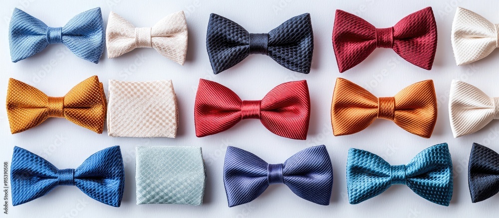 Poster A collection of bow ties in various colors lined up on a white background for congratulatory messages with a square frame and copy space captured in close up