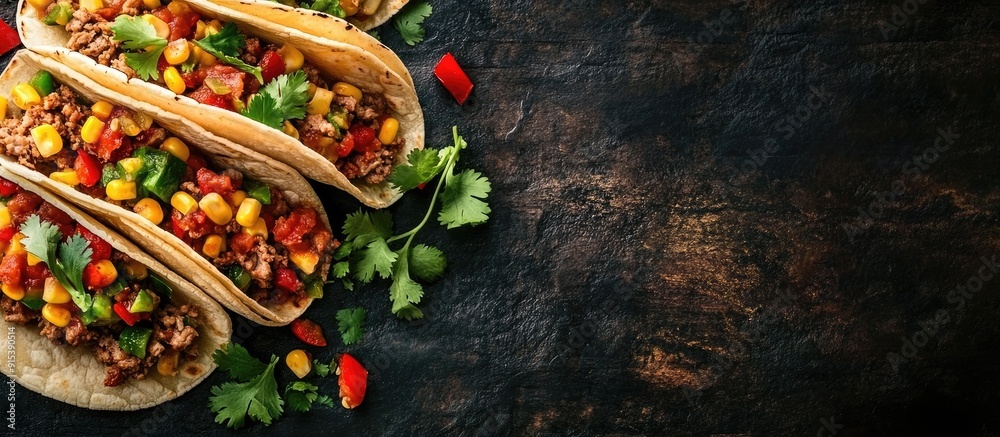 Poster traditional mexican tacos filled with minced meat corn chili pepper and salsa sauce. with copy space