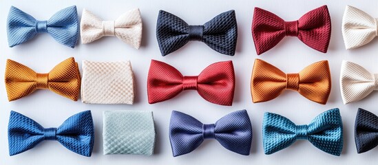 A collection of bow ties in various colors lined up on a white background for congratulatory messages with a square frame and copy space captured in close up