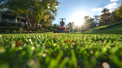 A wide-angle shot of a professional landscaper using a commercial lawnmower, expansive green lawn, bright sunny day, detailed and vibrant, hd quality, natural lighting, soft focus,