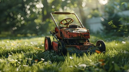 A wide-angle shot of a vintage lawnmower on a perfectly trimmed lawn, featuring rusty metal parts and a wooden handle, vibrant green grass, sunny weather, nostalgic and calm environment, hd quality,