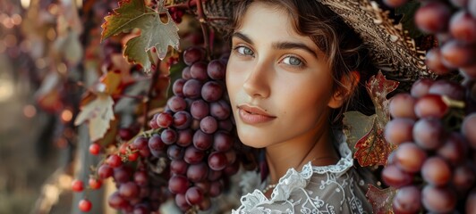 A young woman standing in a vineyard surrounded by grape clusters. The woman is wearing a traditional dress, with a background of grapevines and a warm, natural light. Photograph, horizontal format.
