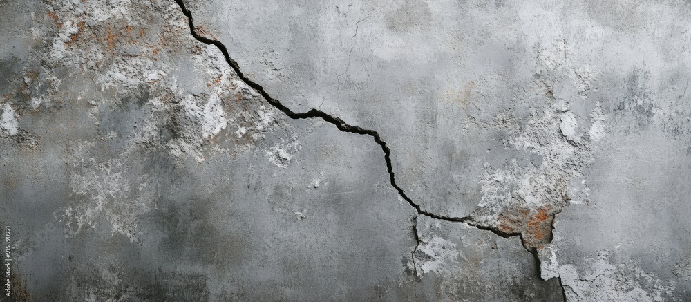 Poster large crack on the gray wall abstract representation of the vertical fissure close up selective focu