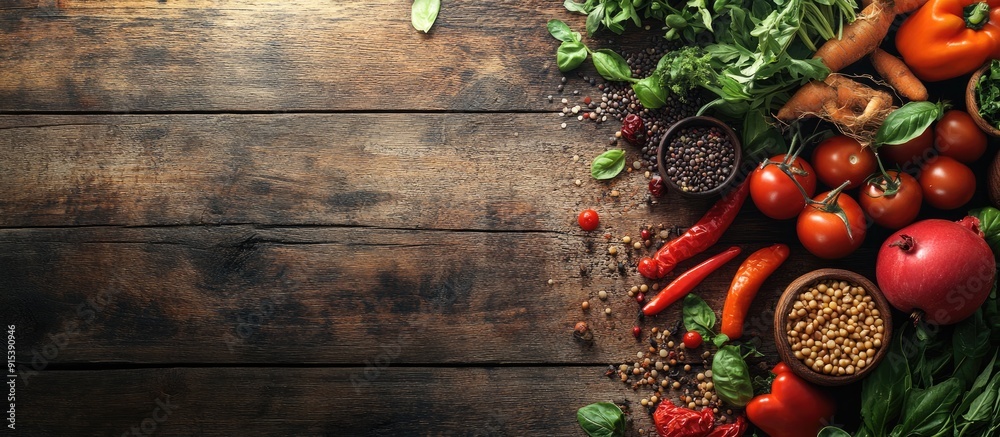 Aufkleber various vegetables seeds and fruits on a wooden table with space for text healthy eating. with copy 
