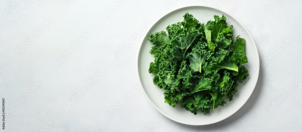 Wall mural Green kale leaves on a plate Background for healthy clean eating Copy space