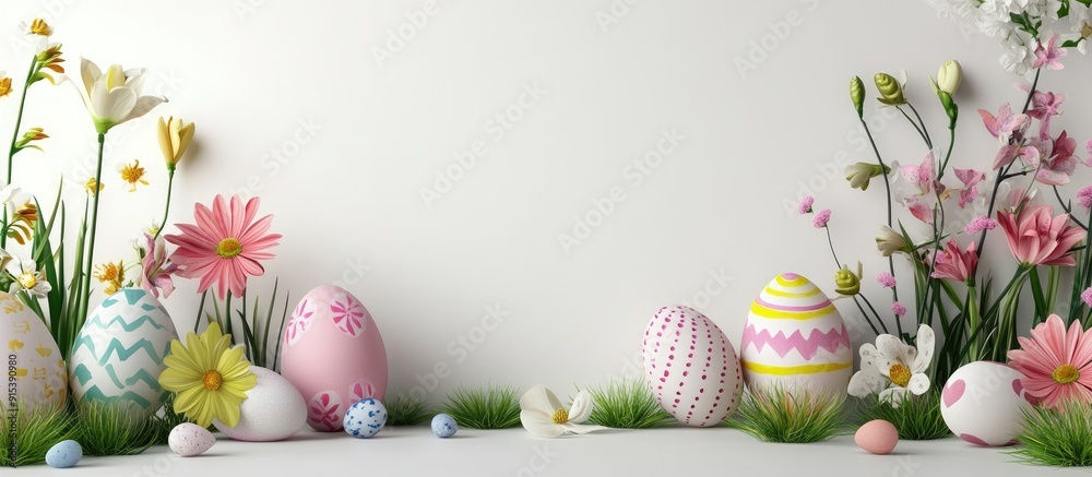 Poster Easter arrangement on a white background. with copy space image. Place for adding text or design