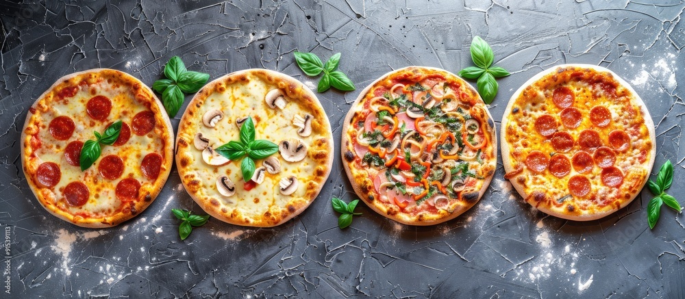 Poster Tasty four cheese pizza on a concrete surface Aerial view of the hot pizza. with copy space image. Place for adding text or design