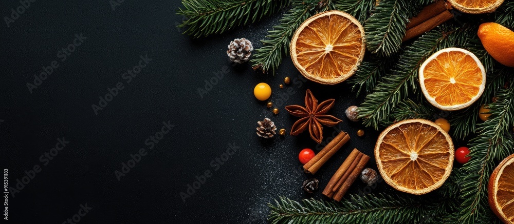 Poster New Year s dark background featuring Christmas tree branches along with sweet candy dried citrus and cinnamon sticks. with copy space image. Place for adding text or design