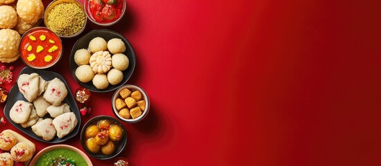 Indian traditional sweets such as various laddu gulab jamun and soan papdi for festivals on a red background with copyspace flat lay