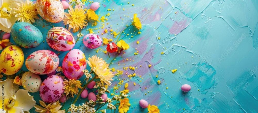 Aufkleber Easter card featuring flowers and Easter eggs designed like sweets Yellow theme. with copy space image. Place for adding text or design