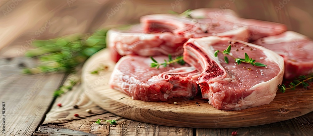Poster raw pork loin chops on a wooden table background with copy space top view