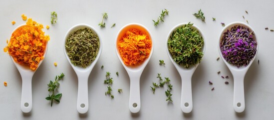 Plastic scoops containing olive oil dried marigold lavender parsley and dog rose flowers Concept of aromatherapy herbal medicine and natural care for skin and hair Top view copy space