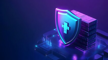 Naklejka premium Digital security concept with a shield and data server, symbolizing protection and cybersecurity in a futuristic, neon-lit environment.