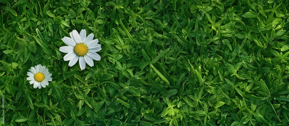 Leinwandbilder One chamomile flower and a daisy on a backdrop of green grass Top view close up. with copy space image. Place for adding text or design
