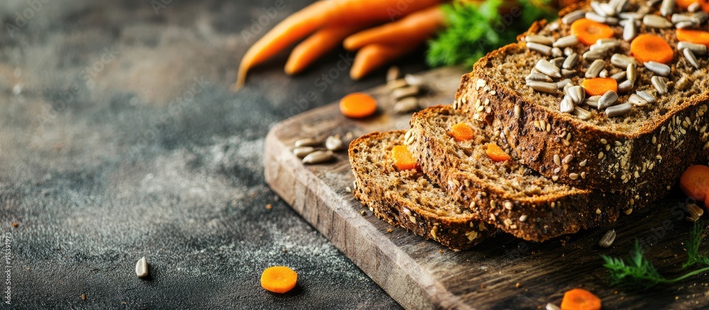 Poster Sliced rye bread topped with vegetables carrots and sunflower seeds on a cutting board Rustic style Selective focus and copyspace