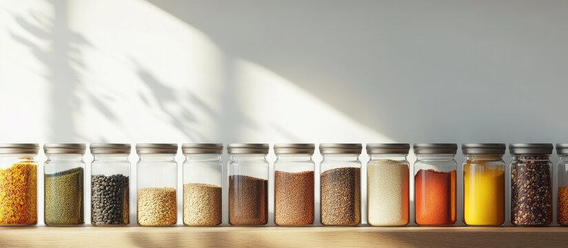 A row of spice jars on a kitchen shelf at home copy space for text