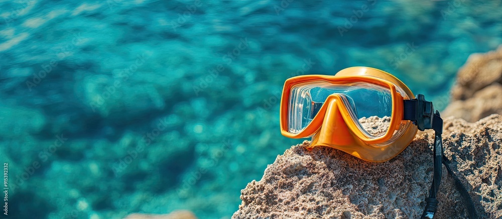 Poster Diving mask and snorkel placed on a rock at the seaside Concept of diving or summer ocean travel Gear for scuba diving. with copy space image. Place for adding text or design