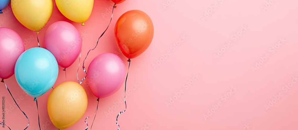 Poster A collection of colored balloons on a pink background Flat lay top view. with copy space image. Place for adding text or design