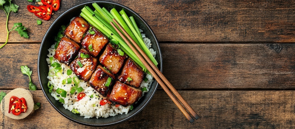 Poster grilled deep fried pork belly in a bowl with rice celery chili pepper and spring onion with chopstic