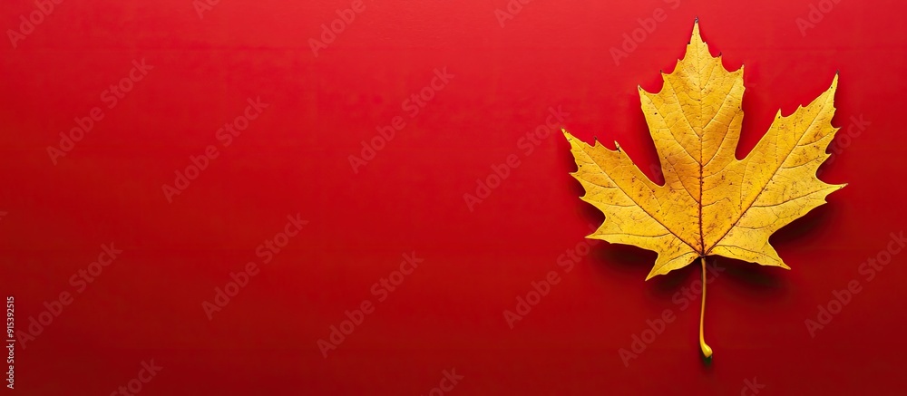 Aufkleber A yellow maple leaf is placed against a red background. with copy space image. Place for adding text or design