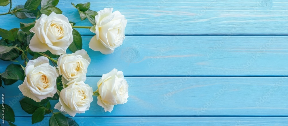 Poster top view of lovely white roses on a blue wooden surface. with copy space image. place for adding tex