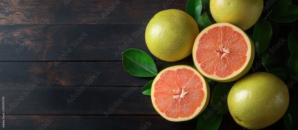 Fototapete top view of fresh pomelo on a dark wooden table background for the mid autumn festival fruit. with c