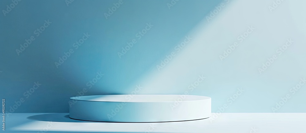 Fototapete Product presentation Podium with shadows on a light blue background Area for text. with copy space image. Place for adding text or design