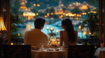 Young couple having a romantic dinner at a fancy restaurant, intimate and elegant