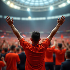 Dutch Football Fan Leading Enthusiastic Cheers in a Packed Stadium