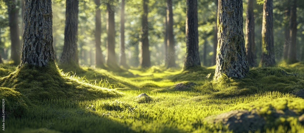 Leinwandbilder a enchanting pine tree forest in daylight featuring moss and grass. with copy space image. place for