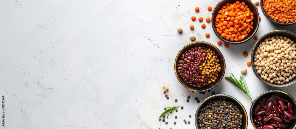 Poster assorted legumes lentils chickpeas and beans in various bowls on a white table top view with copyspa