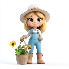 Cartoon character gardening with flowers in a basket on a bright day