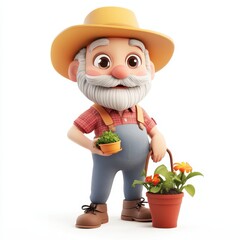 Cartoon gardener character with plants in hand enjoying a sunny day outdoors