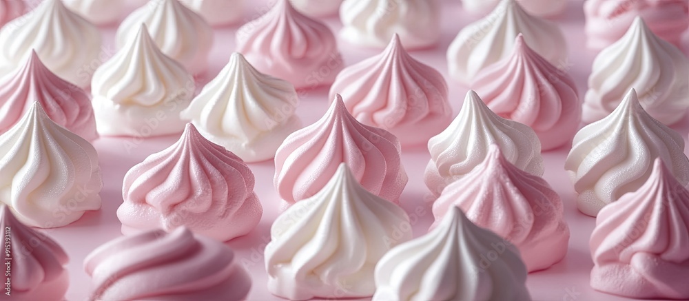 Leinwandbilder the light meringue in white and pink is arranged in rows and columns on a light desk. with copy spac