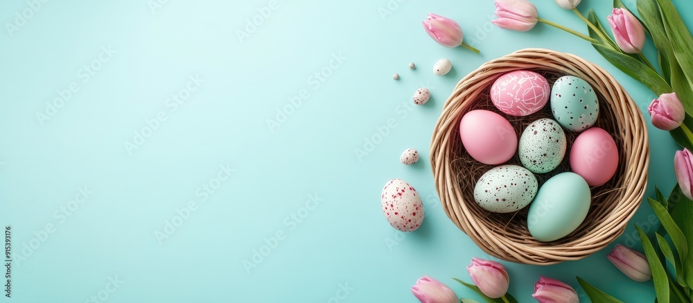 Leinwandbilder Basket filled with Easter eggs and pink tulips on a perfect spring backdrop Spring and Easter theme Colorful eggs Flat lay top view. with copy space image. Place for adding text or design