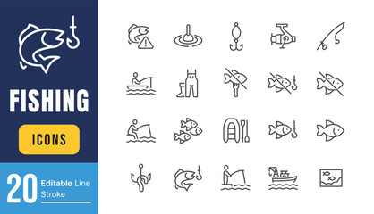 Set of Fishing Related Vector Line Icons. Contains such Icons as Fisherman's equipment, Do not eat sign, Echo Sounder and more. Editable Stroke. 