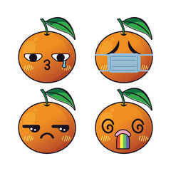 Vector set of cute Orange fruit emojis. Isolated on white background. Kawaii cartoon smiling Oranges.