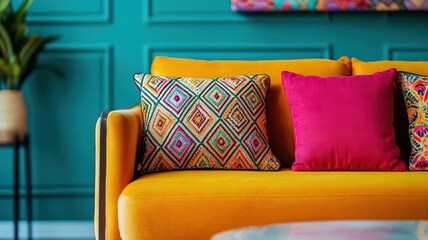 Indian-inspired interior with vibrant colors, ornate furniture, and cultural motifs, expressing identity through rich, traditional decor, modern cultural fusion