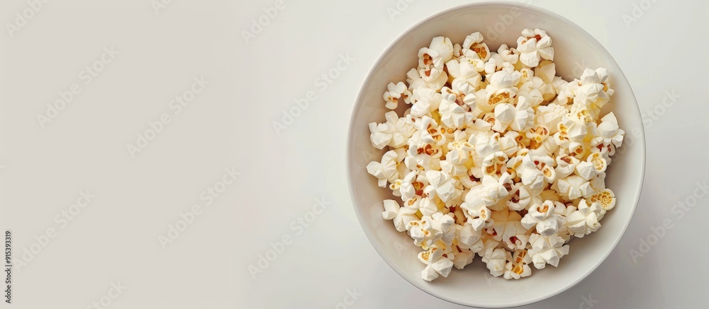 Poster Delicious popcorn in a white bowl top view close up. with copy space image. Place for adding text or design