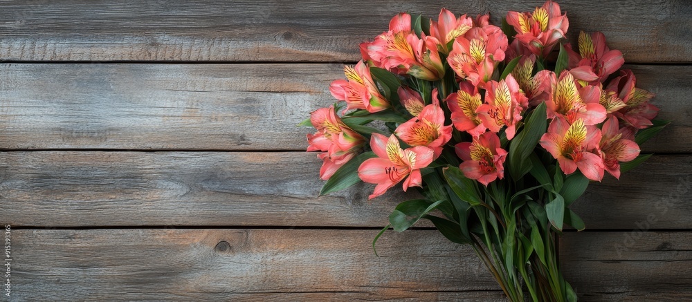 Poster alstroemeria bouquet on a wooden surface. with copy space image. place for adding text or design