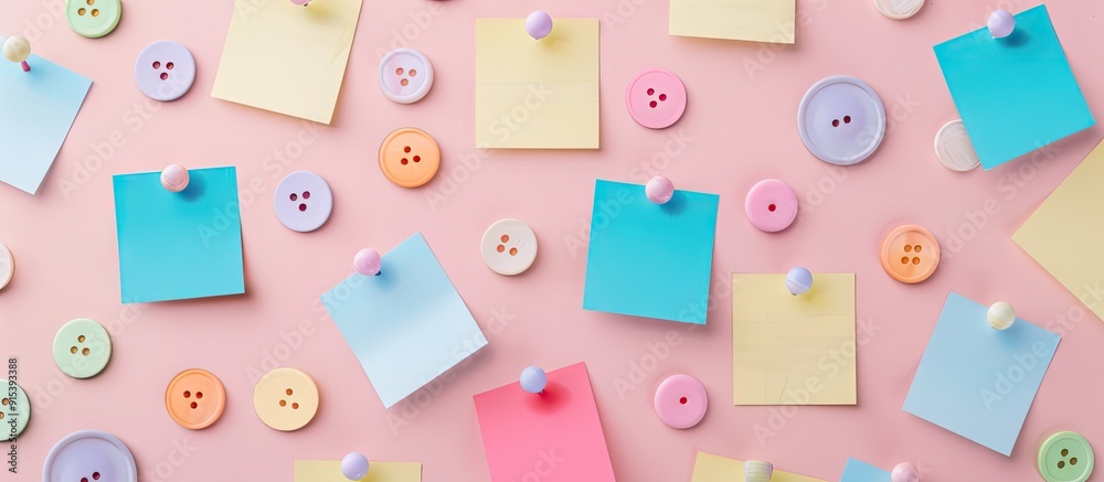 Poster Corkboard for notes featuring blank paper sheets on buttons against a pink background. with copy space image. Place for adding text or design