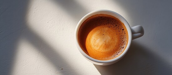 Beautiful texture on the espresso crema s surface in a cup on a white table close up Aroma of medium dark roasted Arabica coffee brewed as espresso Food and beverage photography with a minimalist sty