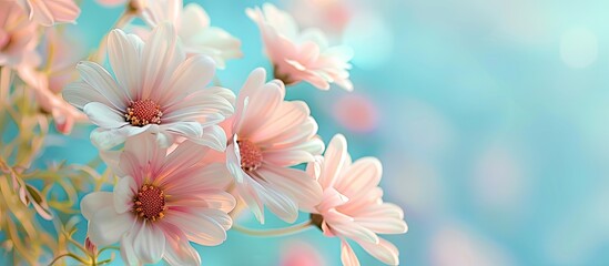 Close up of lovely pastel colored flowers against a blue background Greeting card Mother s Day wedding invitation birthday Copy space