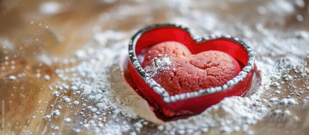 Aufkleber elevated view of a heart shaped cookie cutter on red powder. with copy space image. Place for adding text or design