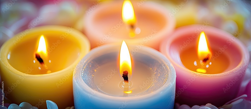 Poster white candle background for design colorful celebration candle with a close up view pink yellow whit